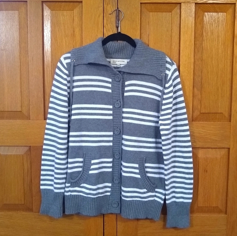 Jones NY gray and white striped button up cardigan